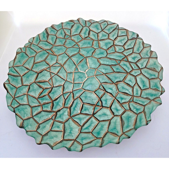 GLASS DECORATIVE DISH-Green Turquoise-Mosaic Pattern-Silver Back-12.5" Diameter - Picture 5 of 10